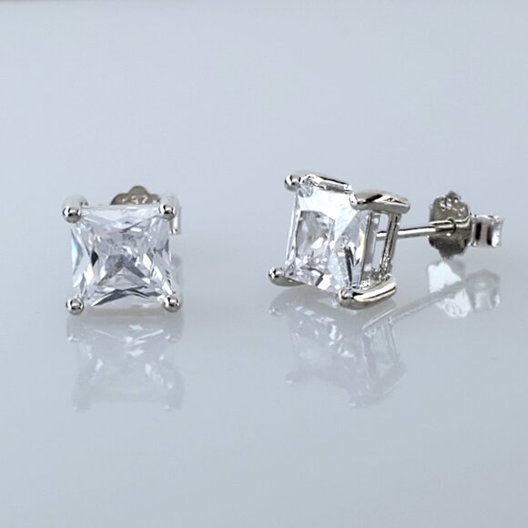 6MM Solid 925 Silver Mens 2ct Diamond Square Stud Earrings Authentic Jewelry NEW - Picture 1 of 4